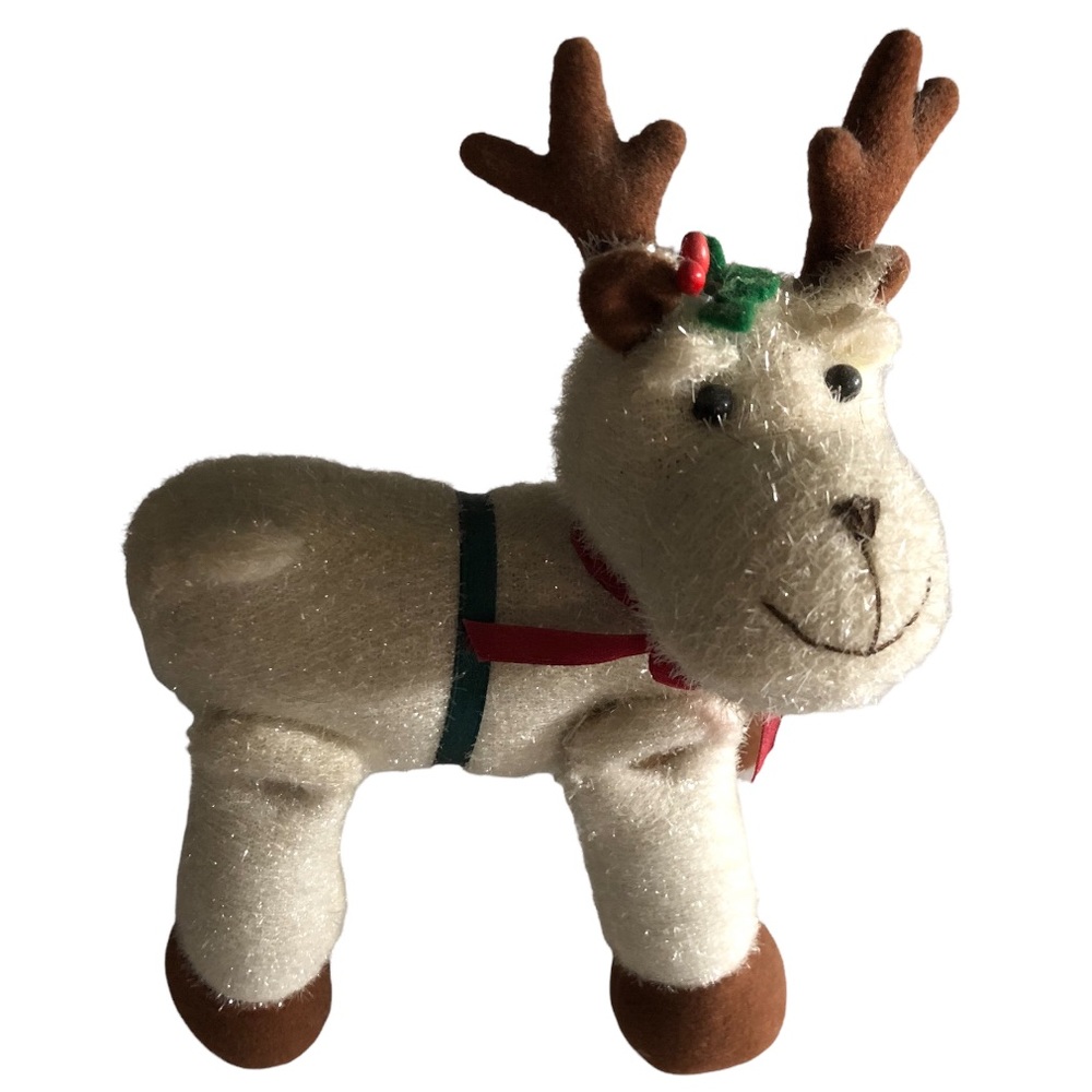 Vintage Sparkly Reindeer Plush Christmas Decoration Holly Ribbon Felt Textured